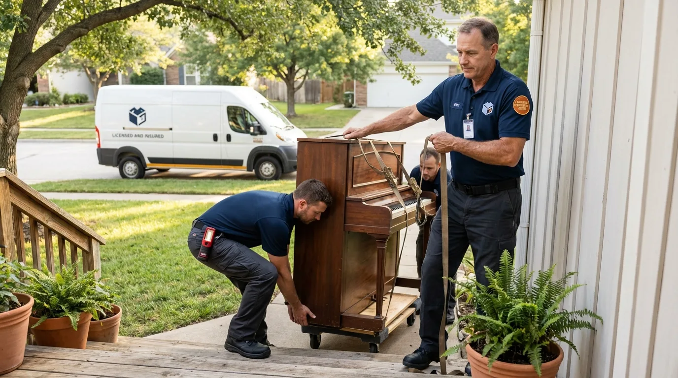 Licensed piano movers securing grand piano in Franklin, NJ