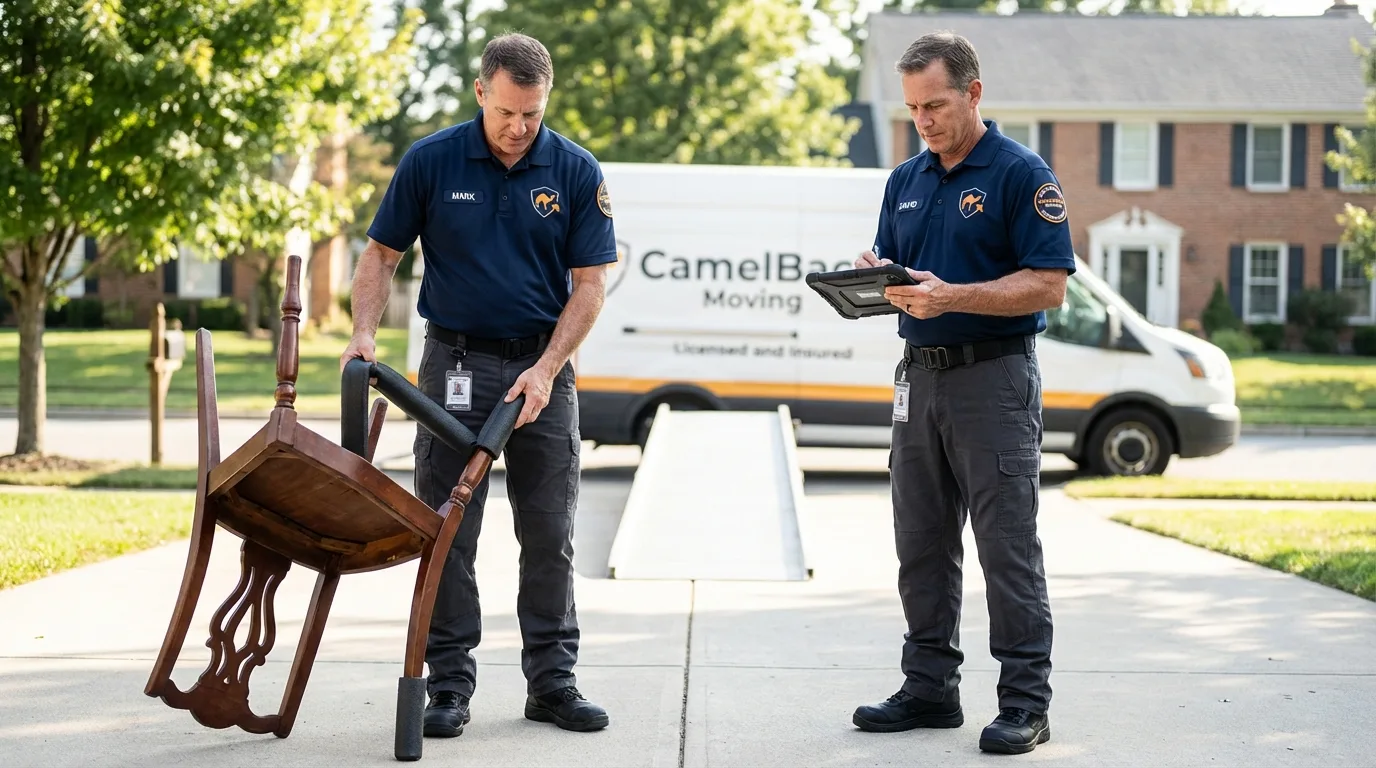 Movers inspecting furniture for damage prevention before loading in Franklin, NJ