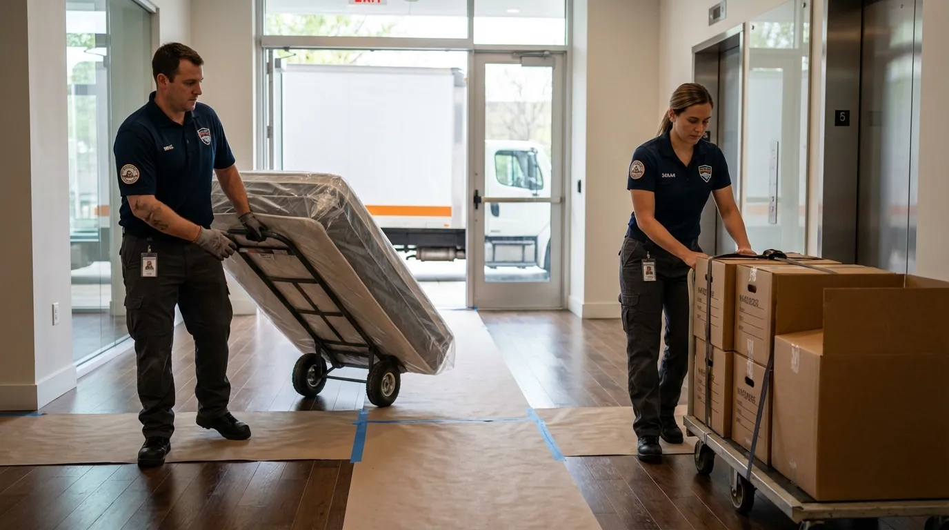 Professional apartment movers loading elevator in Franklin, NJ